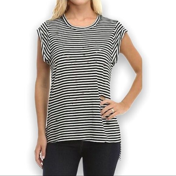 able Striped Distressed Slashed Rolled Sleeve Top - Picture 1 of 8